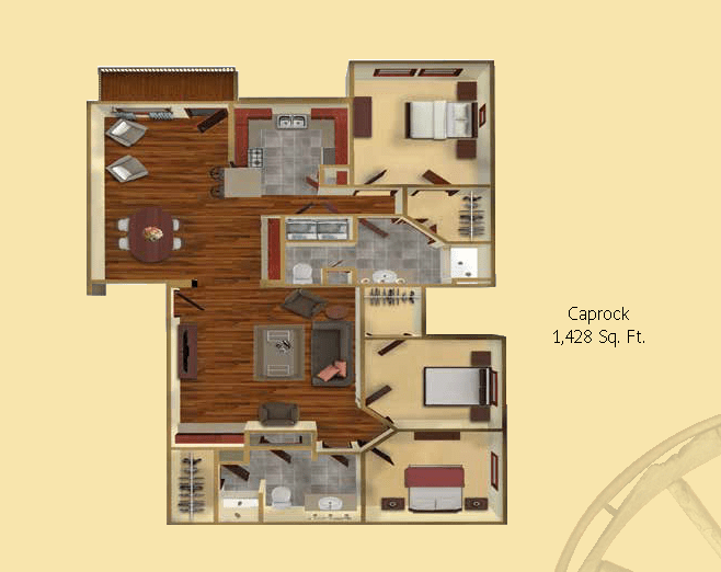 A detailed 3D floor plan of a Caprock apartment, measuring 1462 square feet.