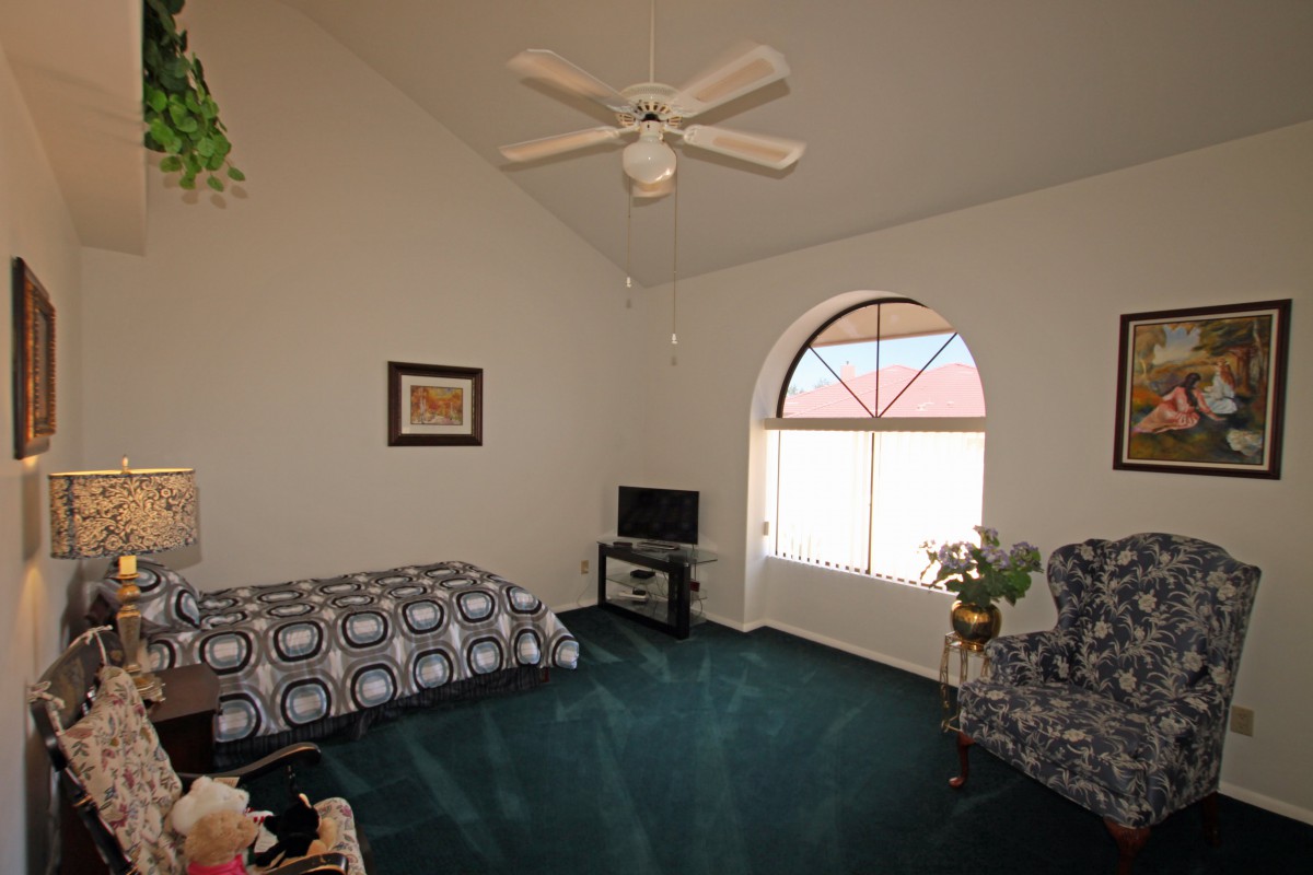 A cozy living room with a single bed, TV, and chair, featuring a large arched window and ceiling fan.