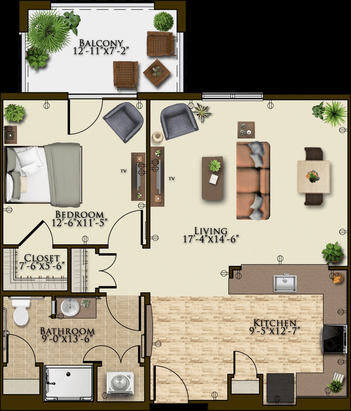 A detailed floor plan of a two-bedroom apartment, featuring a living room, kitchen, bathroom, patio, and furniture arrangement.