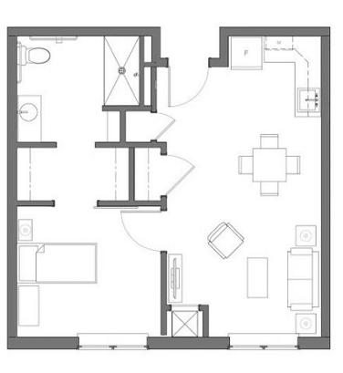 A floor plan of an apartment showing the arrangement of rooms and furniture.
