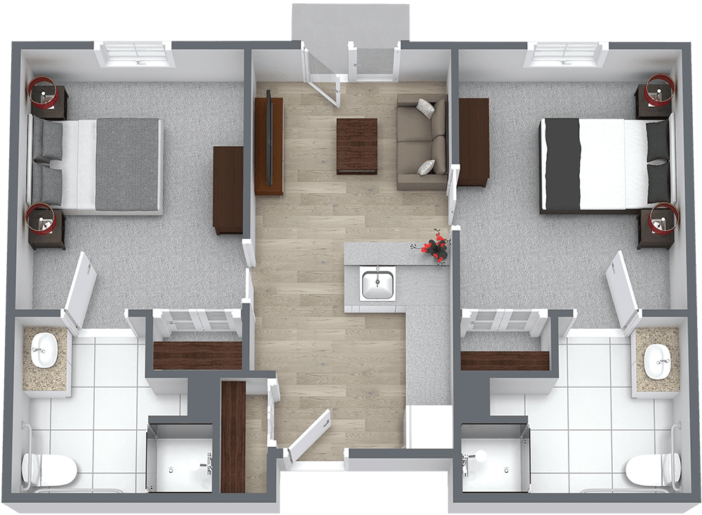 A floor plan of a two-bedroom apartment with a central living area and kitchen.