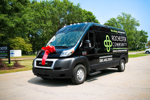 A black delivery van adorned with a large red ribbon, parked outdoors surrounded by greenery.