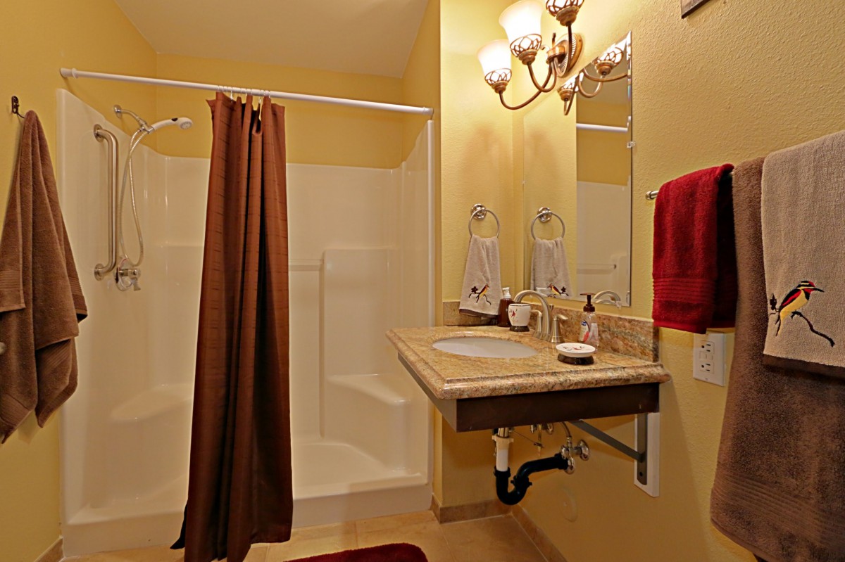 A handicap accessible bathroom with a shower, sink, and mirror.