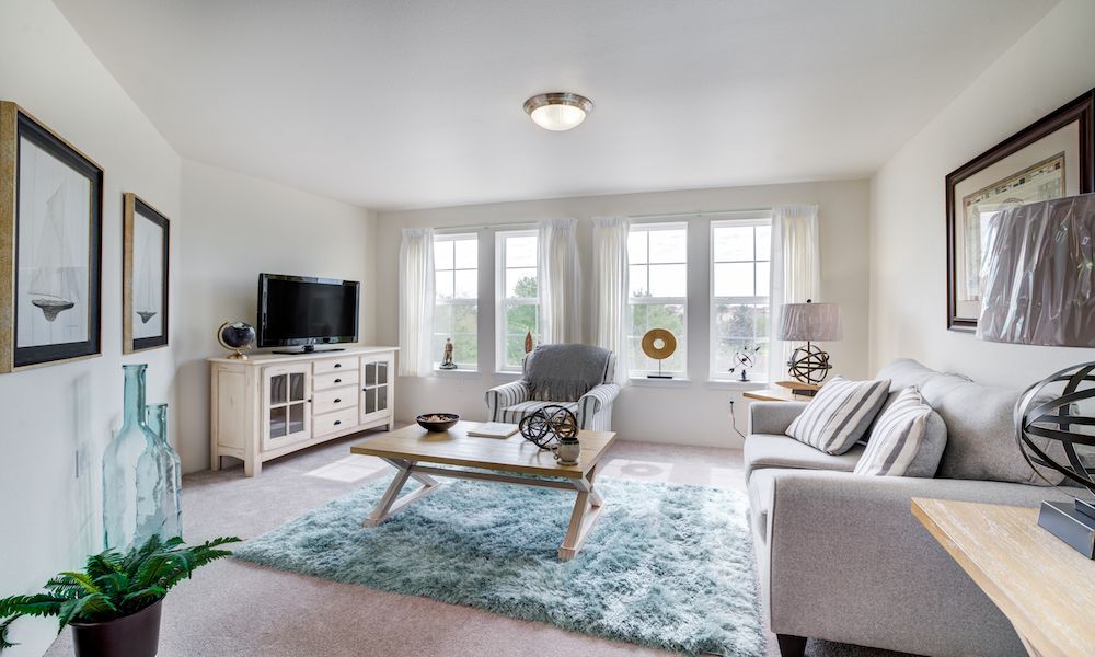 A bright and airy living room with modern furniture and a cozy atmosphere.