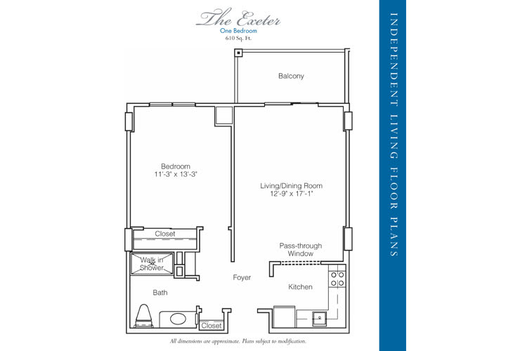 A floor plan of a one-bedroom apartment with a living room, kitchen, bathroom, and balcony.