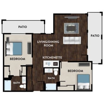 A detailed floor plan of an apartment featuring two bedrooms, a living/dining area, a kitchenette, one bathroom, and two patio spaces.