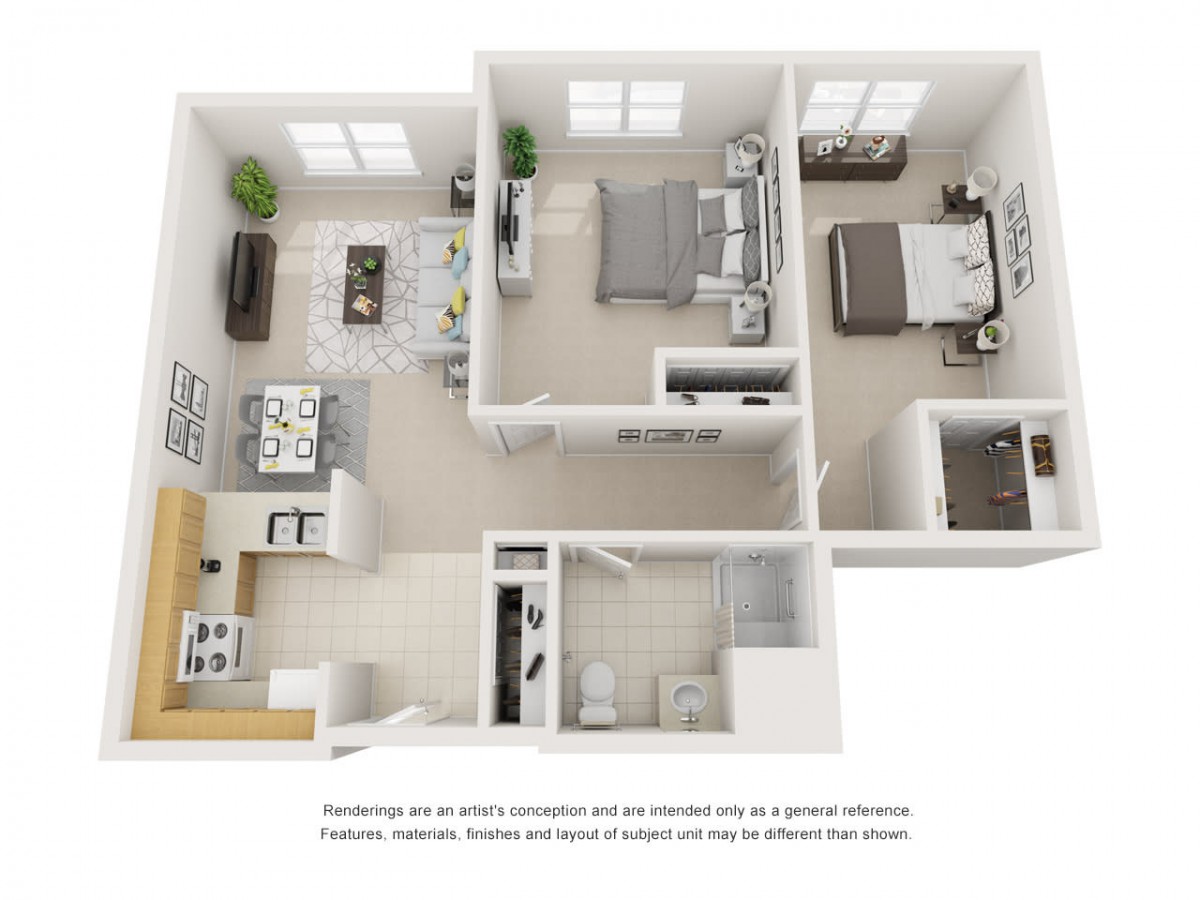 A two-bedroom apartment floor plan with a kitchen, living room, and bathroom.