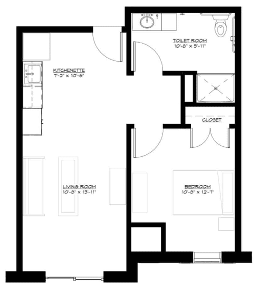 A floor plan of a one-bedroom apartment layout with kitchen, living room, and bathroom.