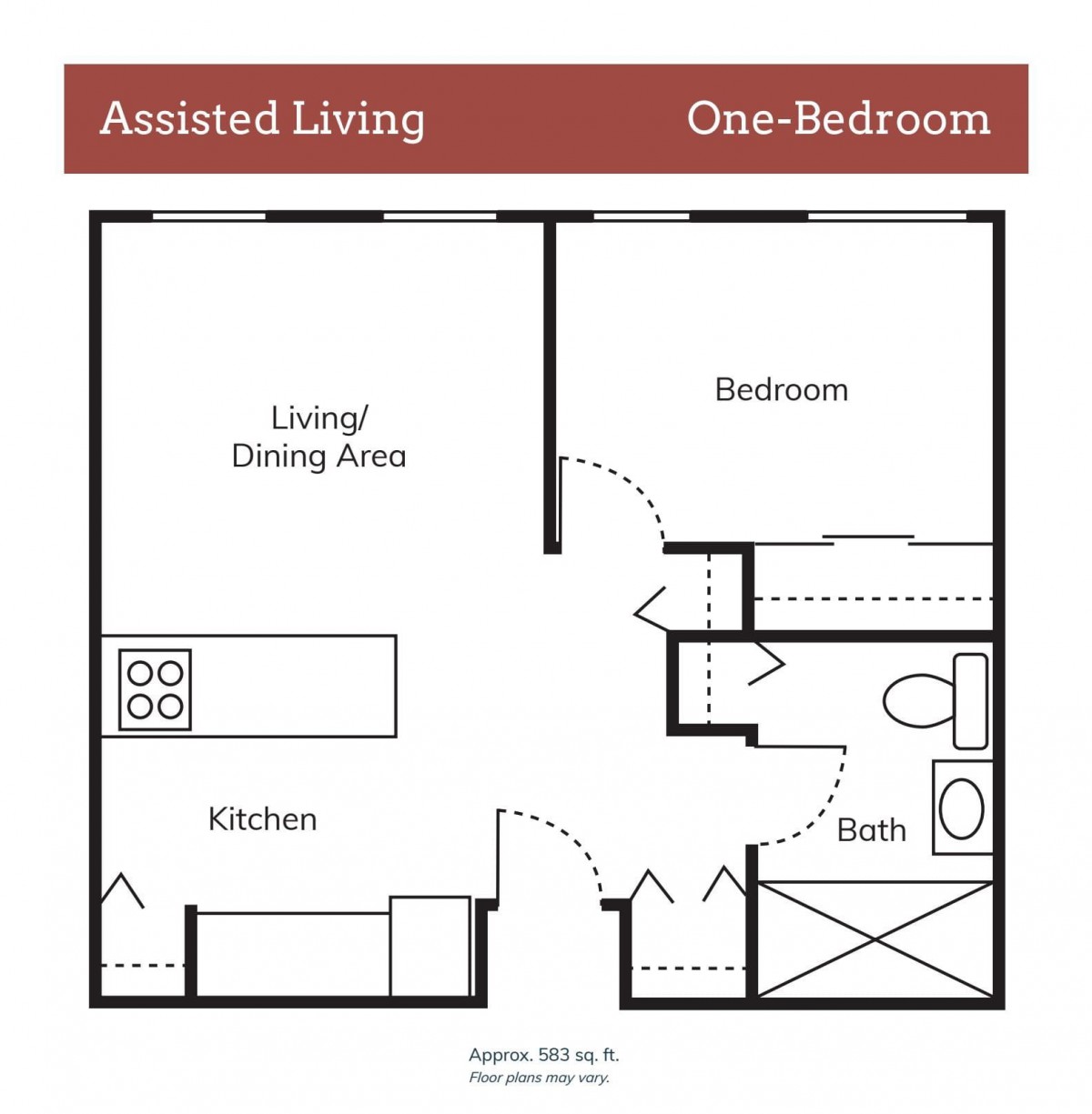 Floor plan of a one-bedroom assisted living apartment.
