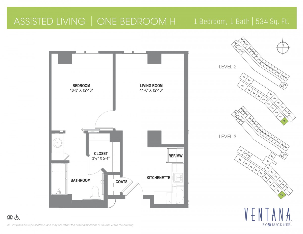 Floor plan for a one-bedroom assisted living apartment.