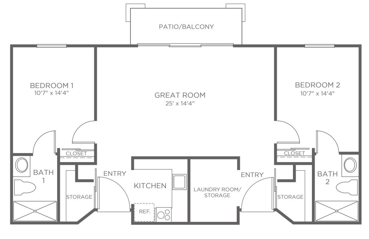 Two-bedroom apartment floor plan with a patio/balcony and great room.