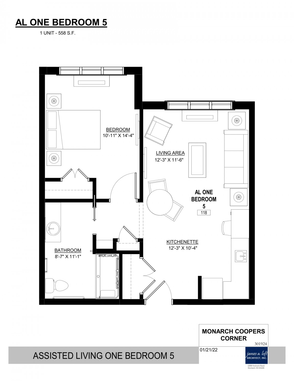 A floor plan showing the layout of a one-bedroom apartment with separate living room, kitchen, and bathroom areas.
