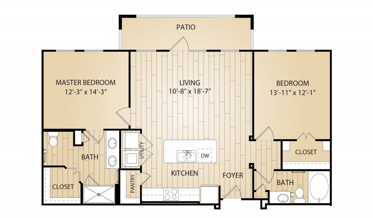 A floor plan of a two-bedroom apartment featuring a living area, kitchen, bathrooms, and patio.