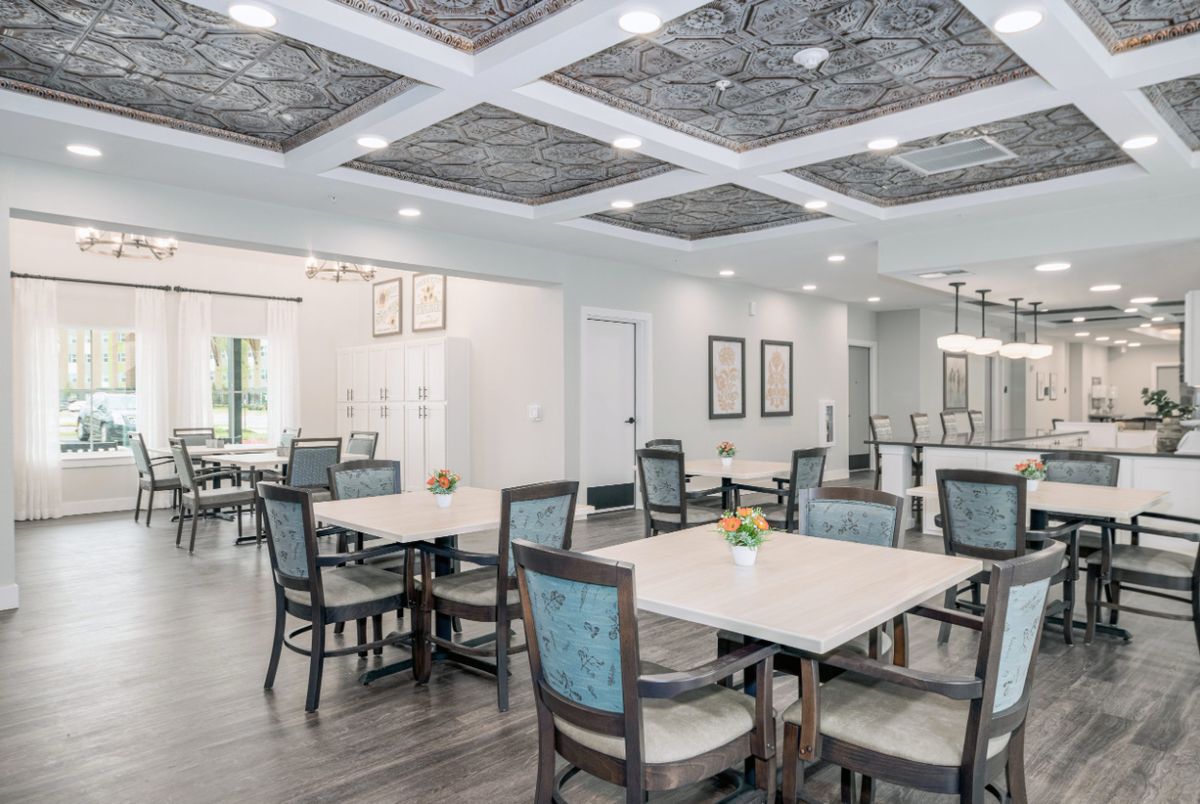 A modern dining area with elegant furnishings and decorative ceiling panels.