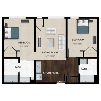 Two-bedroom, two-bathroom apartment floor plan with a central living area and a kitchenette.