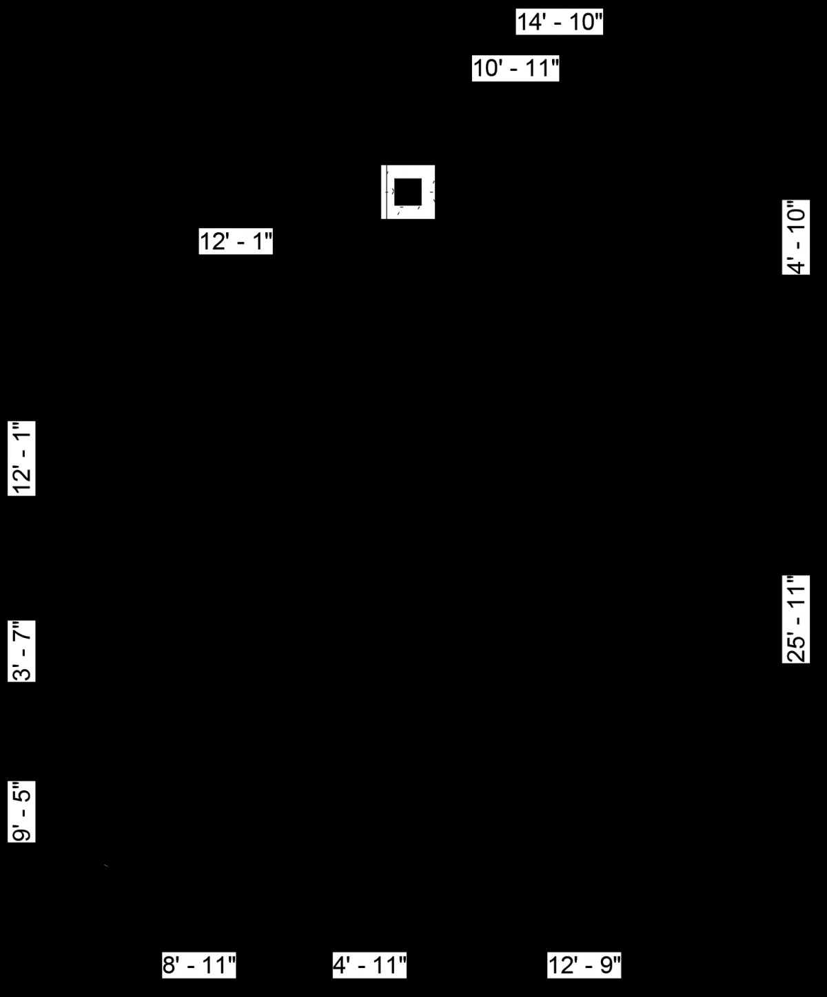 An abstract minimalist design featuring a central square with text elements arranged symmetrically.