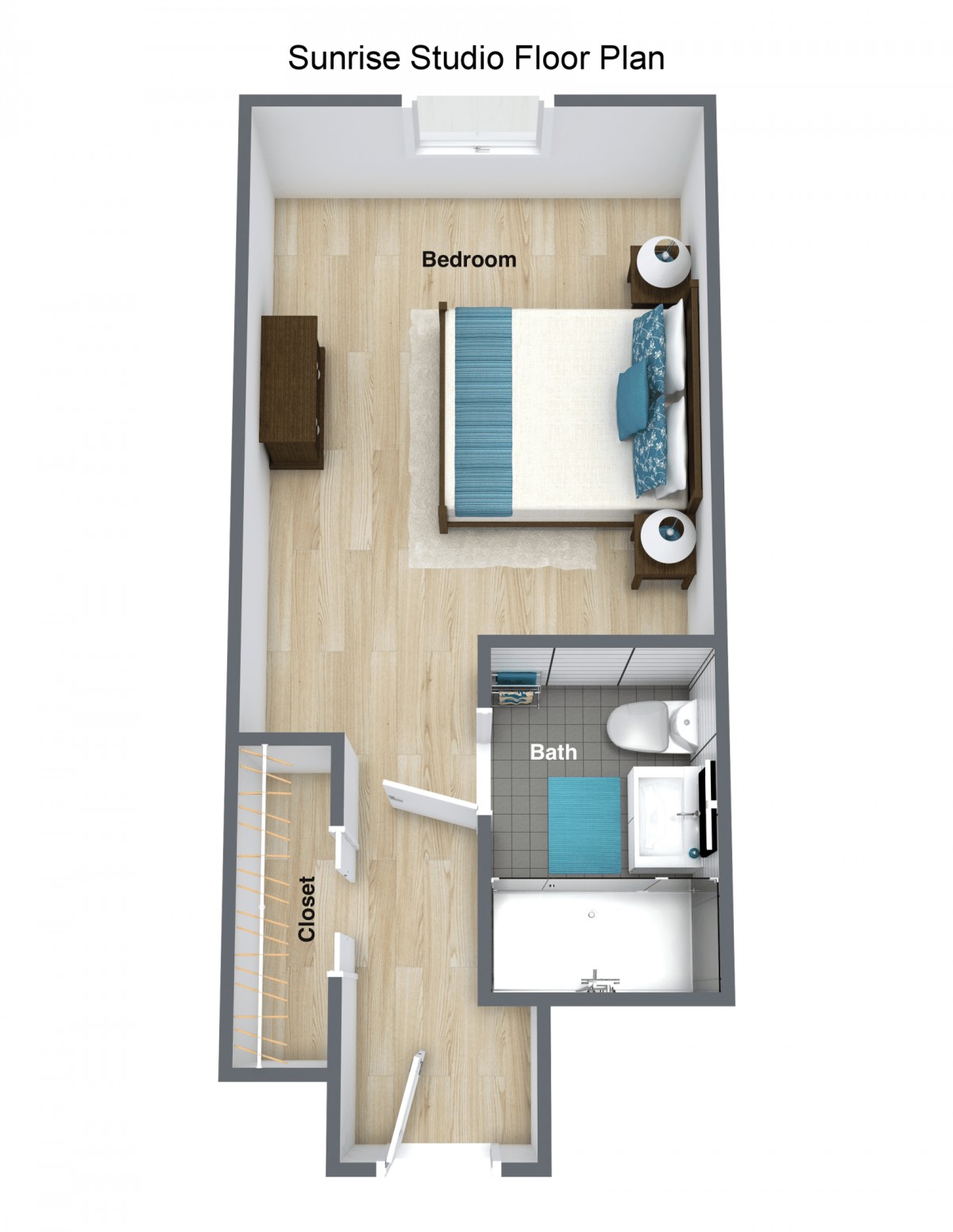 A 3D-rendered floor plan of a compact one-bedroom apartment with an ensuite bathroom.