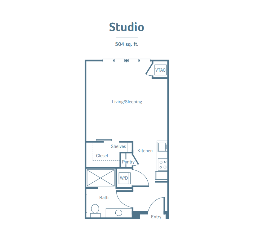 Studio apartment floor plan with living area, kitchen, and bathroom.