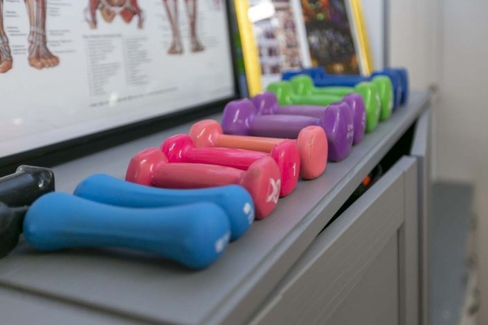 A row of colorful dumbbells lined up on a shelf, ready for a workout.