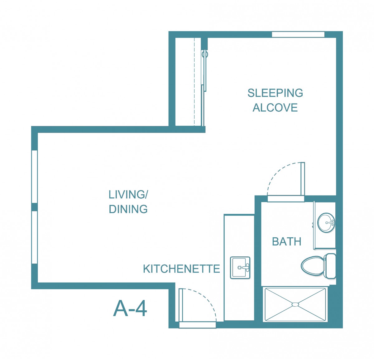 Studio apartment floor plan with living/dining area, kitchenette, bath, and sleeping alcove.