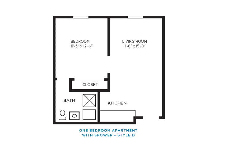 Floor plan of a one-bedroom apartment with specified room dimensions.