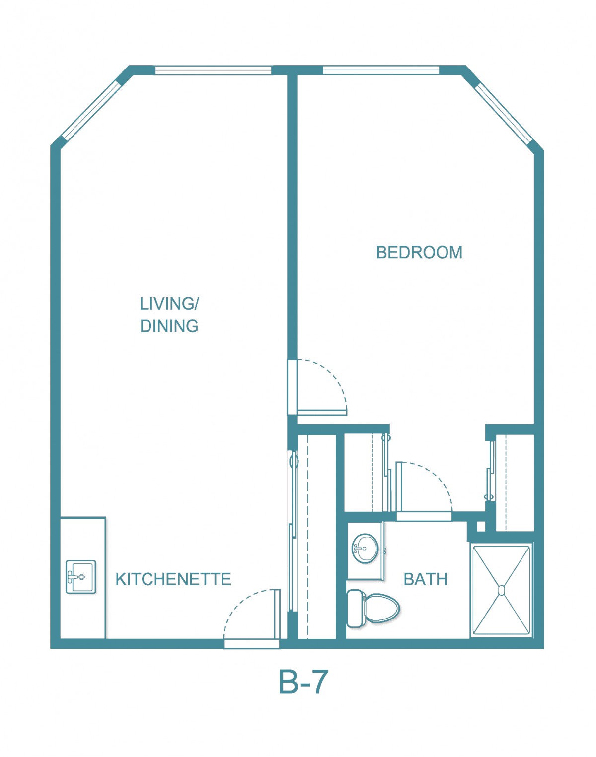 A floor plan of a one-bedroom apartment featuring a kitchenette, living/dining area, bathroom, and bedroom.
