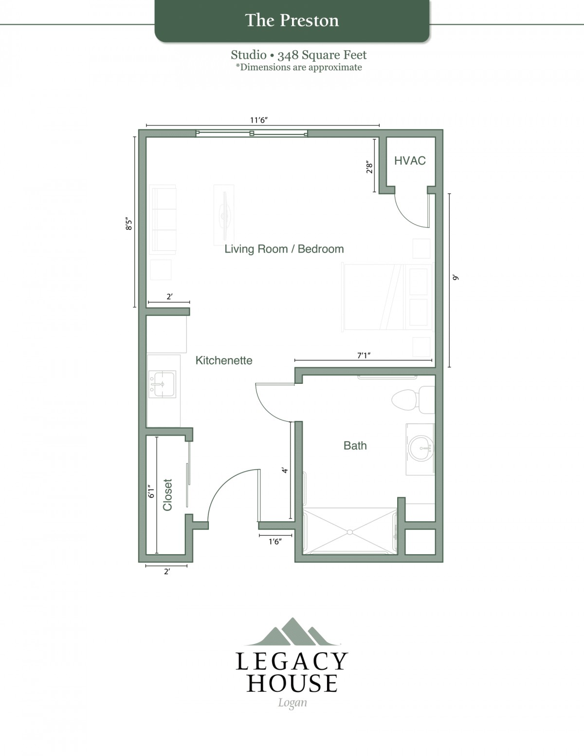 A floor plan of an apartment labeled 'Legacy', showing the layout of a living room, kitchen, and bathroom.