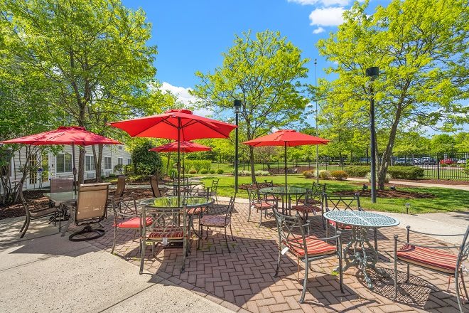 A sunny day at an outdoor patio with red umbrellas and surrounding greenery.