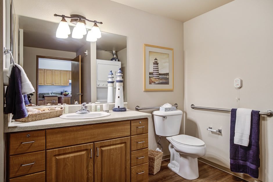 A well-lit bathroom featuring a sink with a wooden cabinet, a toilet, and nautical-themed decor.
