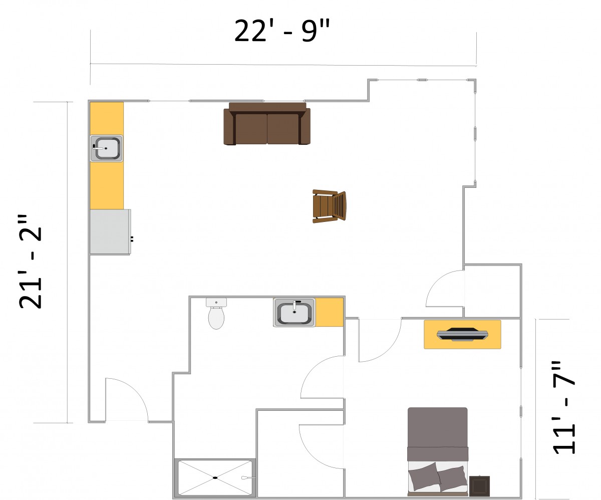 Room layout with furniture and dimensions.