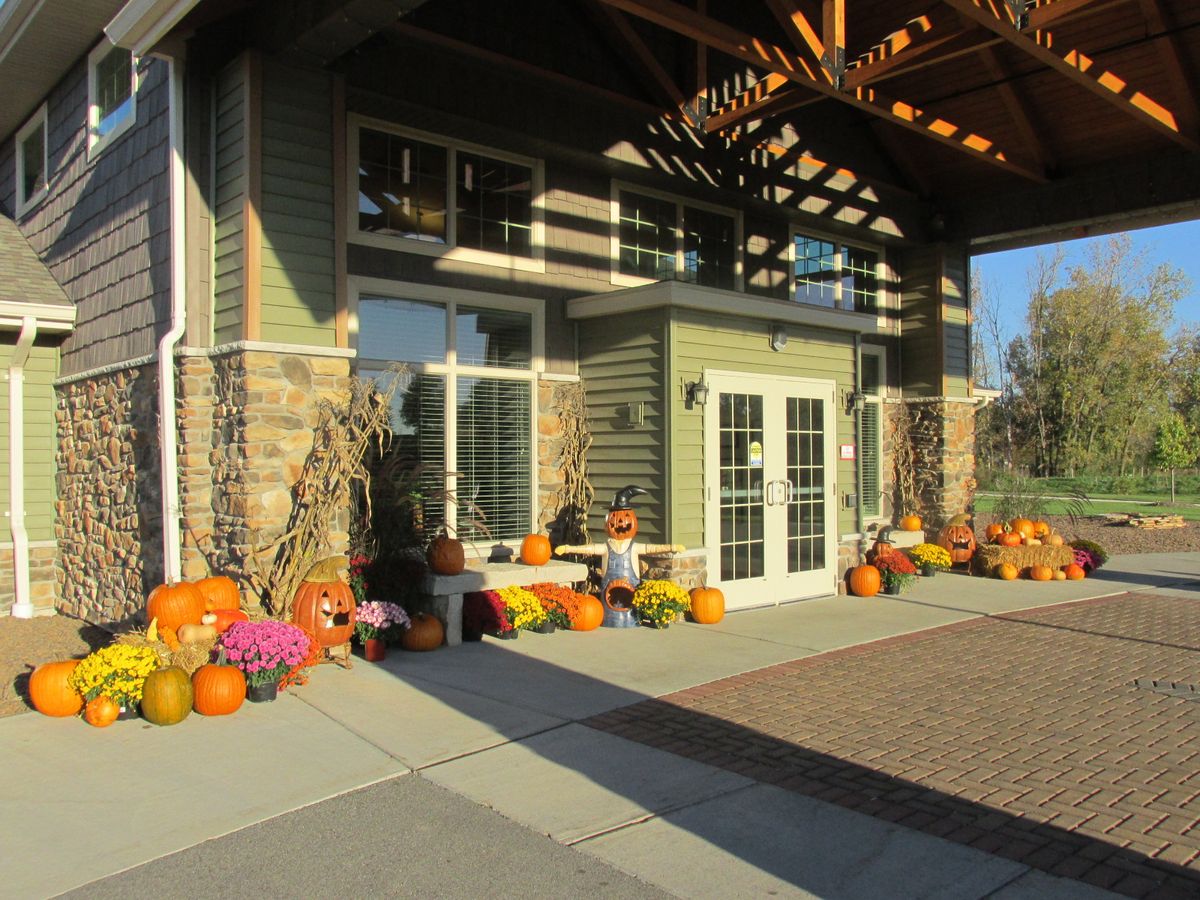 A building entrance decorated with pumpkins and autumn-themed decor in bright sunlight.