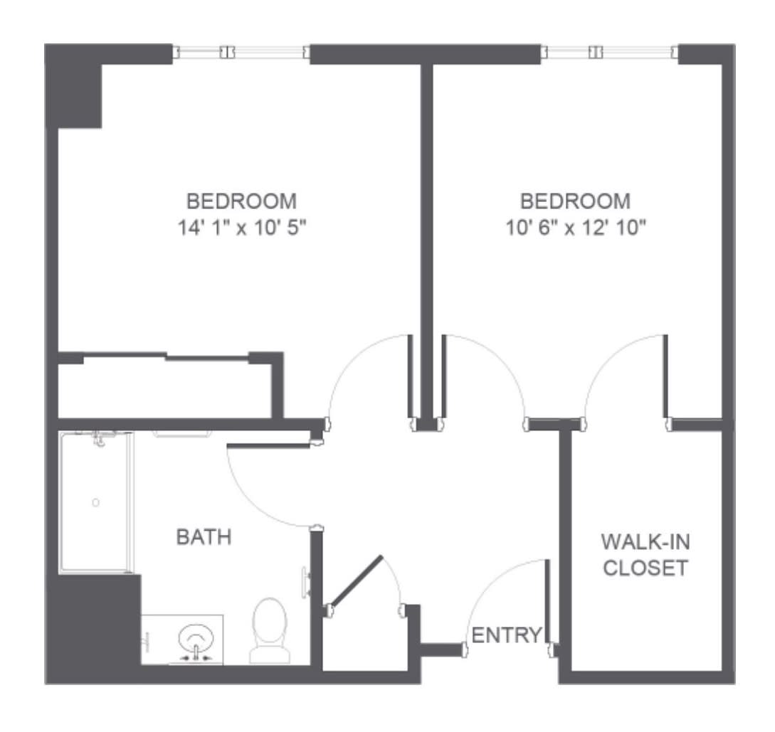 Floor plan of a two-bedroom apartment with a walk-in closet and a bathroom.