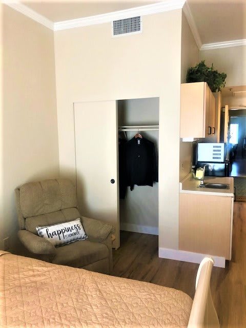 Minimalist living space with a chair, closet, and computer desk.
