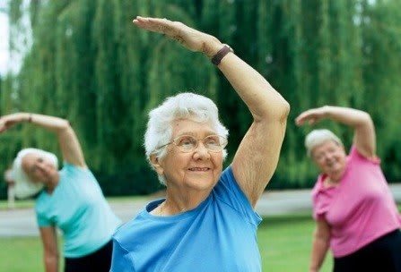 A group of seniors enjoying an outdoor stretching exercise.