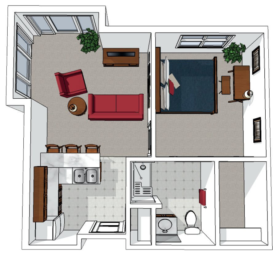 A floor plan of a one-bedroom apartment with living room, kitchen, and bathroom.