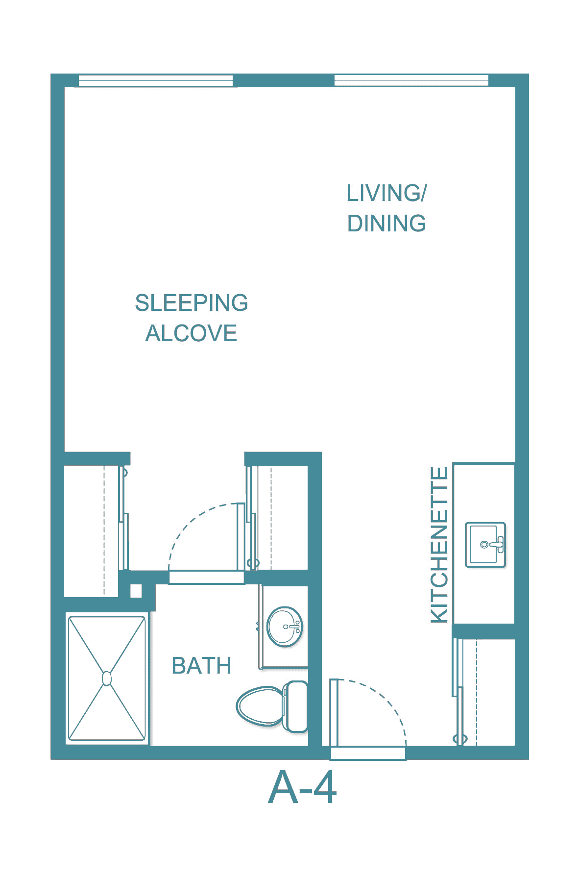 Studio apartment floor plan with separate sleeping alcove and kitchenette.