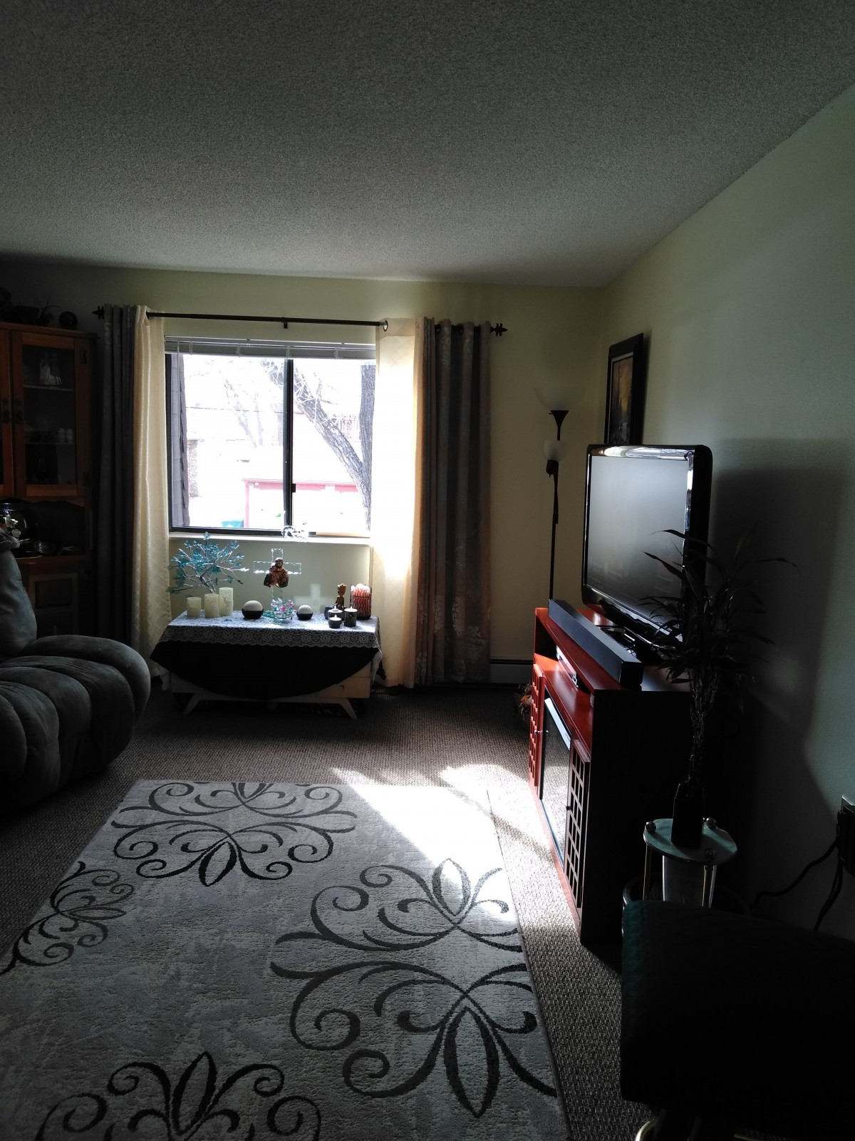 A cozy living room with a sofa, television, and a large window bringing in natural light.