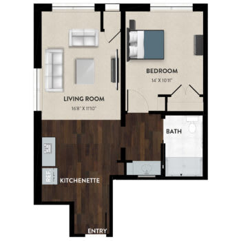 A one-bedroom apartment floor plan with a kitchen, living room, and bathroom.