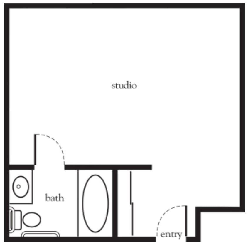 Simple floor plan of a studio apartment with a bathroom and entryway.