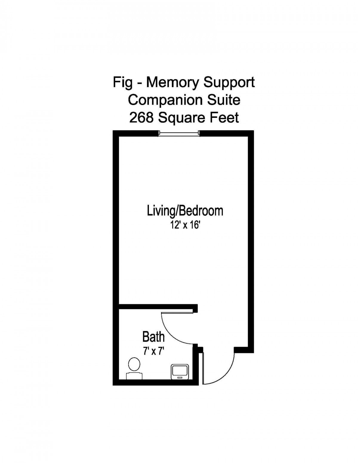 Memory Support Companion Suite floor plan, featuring a combined living and bedroom area with an adjoining bathroom.