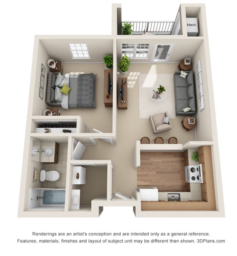 A 3D floor plan of a one-bedroom apartment featuring a living room, kitchen, bathroom, and bedroom.