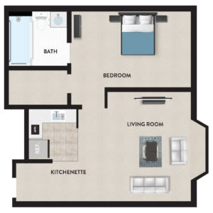 A floor plan of a one-bedroom apartment with a living room, kitchenette, and bathroom.