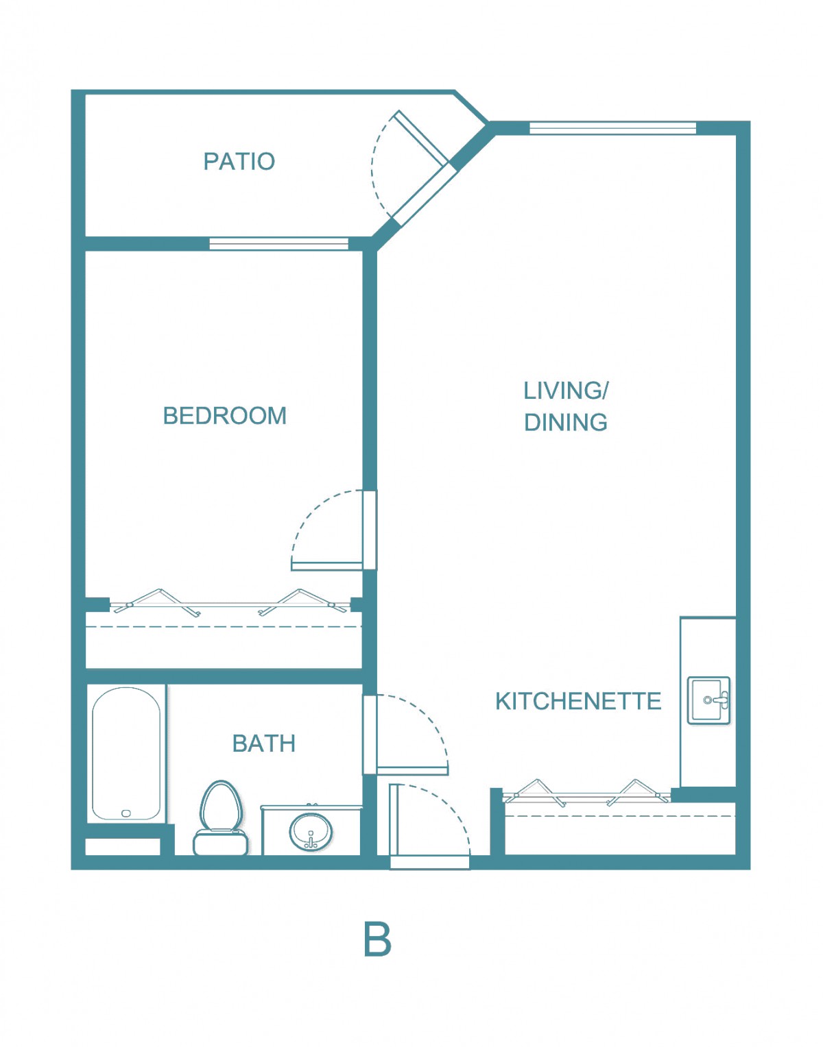 One-bedroom apartment floor plan with a living/dining area, kitchenette, bathroom, bedroom, and patio.