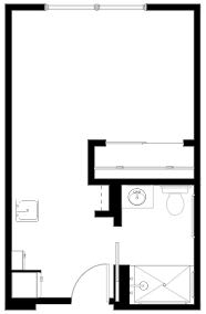A simple floor plan of an apartment with a kitchen and bathroom area.