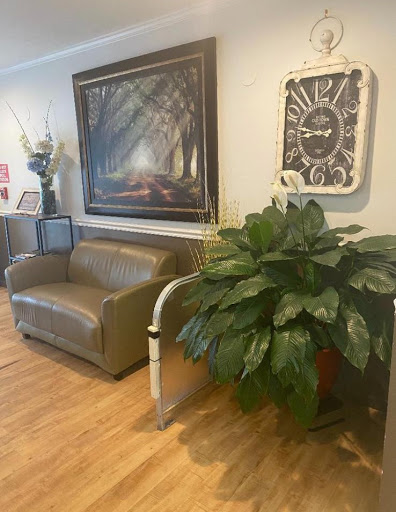 A cozy living room space featuring a leather sofa, decorative plant, and artwork on the wall.