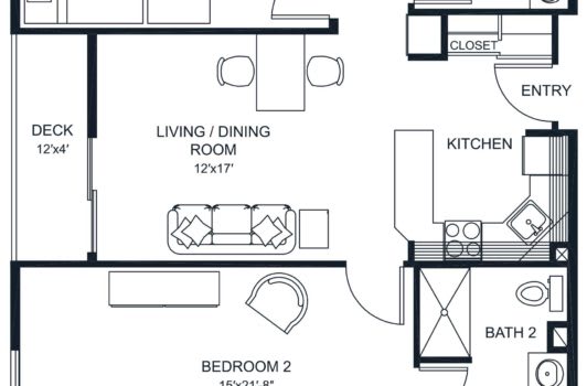 A floor plan of an apartment featuring a living/dining room, kitchen, and bedroom.