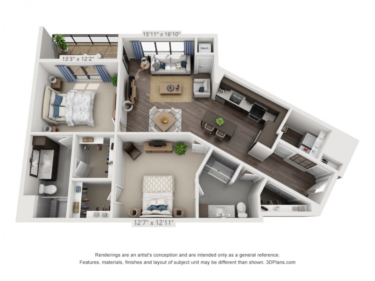 A 3D floor plan layout of an apartment showcasing the living room, bedrooms, kitchen, and bathrooms.