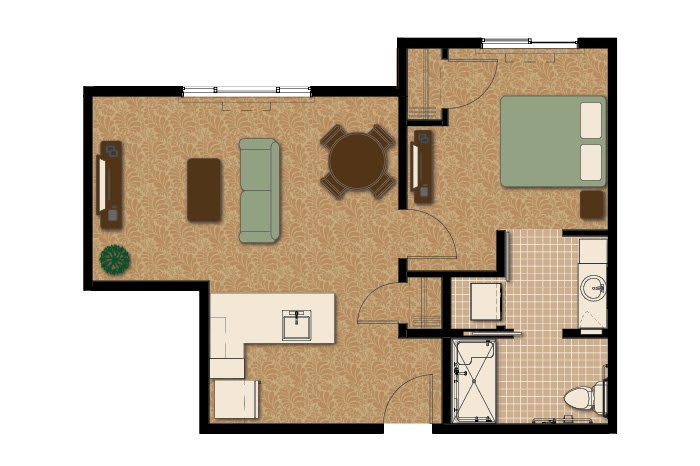 A detailed floor plan of a one-bedroom apartment featuring a living room, kitchen, bathroom, and bedroom.