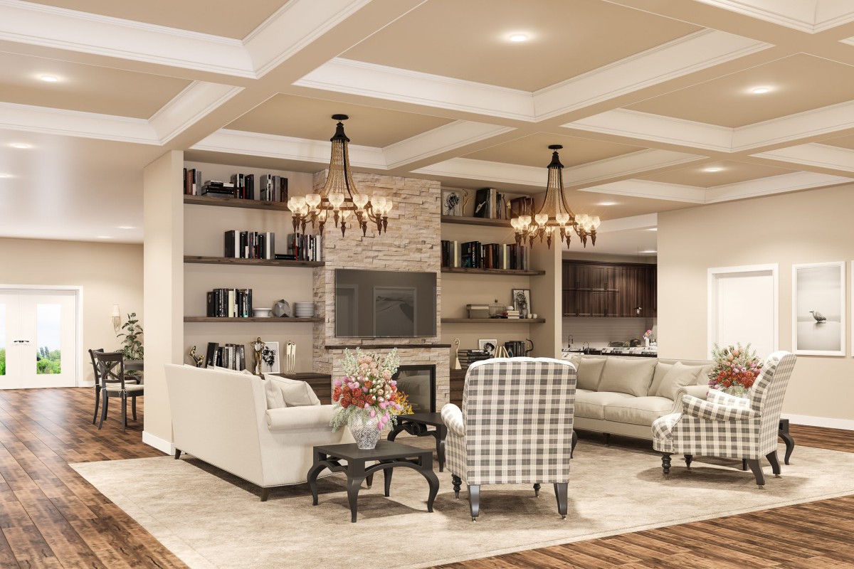 A cozy and modern living room featuring a fireplace, comfortable sofas, elegant chandeliers, and built-in bookshelves.