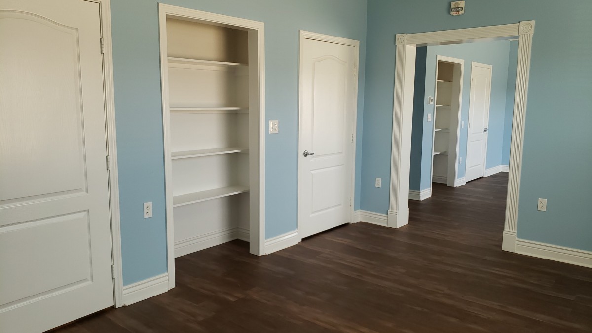 A room with blue walls, built-in shelves, a closed door, and hardwood flooring.